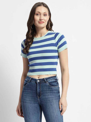Madame Crew Neck Blue Striped Half Sleeve Crop Top