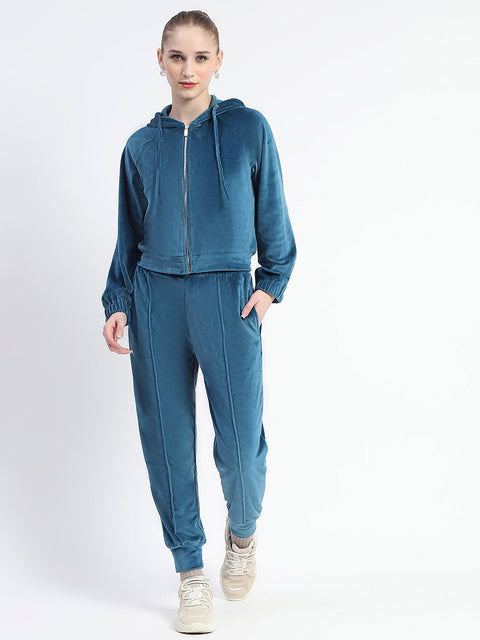 Madame Teal Zipped Sweatshirt With Tube Top And Elasticated Bottoms