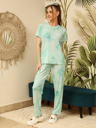 mSECRET Graphic Print Top and Straight Bottom Mint Green Nightsuit