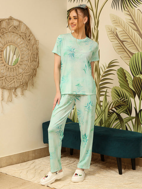 mSECRET Graphic Print Top and Straight Bottom Mint Green Nightsuit