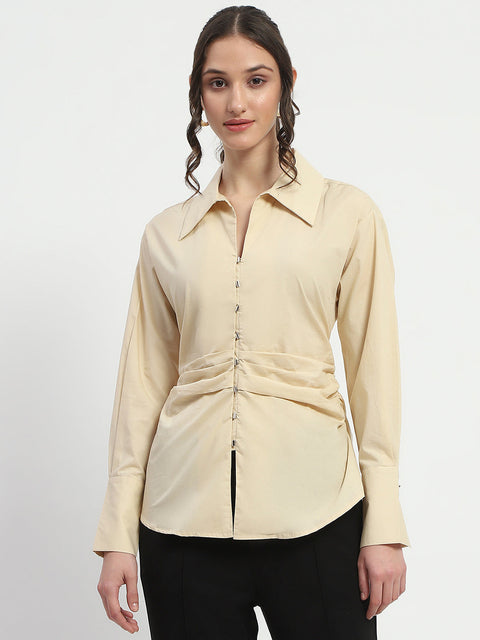 Madame Ruched Waist Wing Necked Solid Beige Cotton Shirt