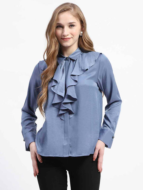 Madame Ruffle Collar Solid Blue Shirt