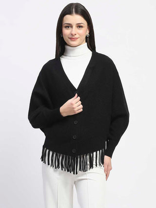 Madame Fringe Detailed Buttoned Solid Black Sweater