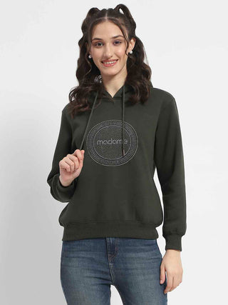 Madame Abstract Print Hooded Olive Cotton Sweatshirt