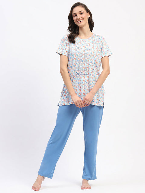 mSECRET Embellished Floral Typography Printed Blue Night Suit