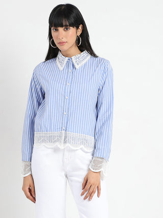 Madame Lace Detailed Cotton Blend Striped Blue Shirt