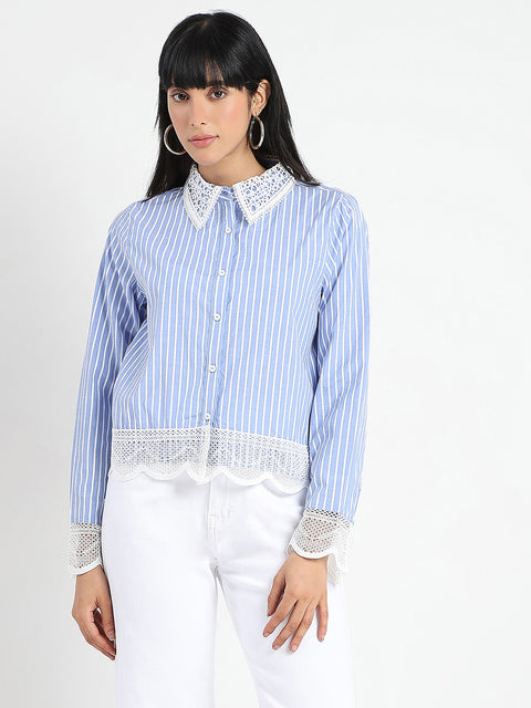 Madame Lace Detailed Cotton Blend Striped Blue Shirt