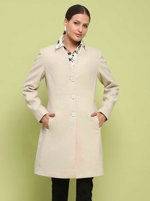 Madame Melange Side Inseam Pocketed Off White Long Coat