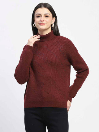 Madame Self Design Wine Red Turtleneck Sweater