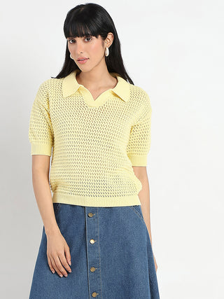 Madame Semi Sheer Yellow Cotton Knitted Top