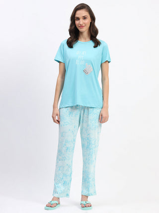 mSECRET Blue Typography Printed Night Suit Set