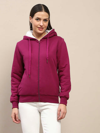 Madame Fur Hood Metal Detailed Plum Zipped Sweatshirt