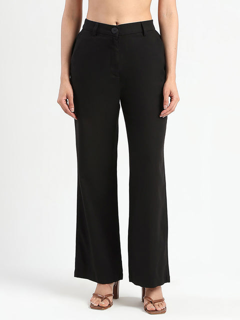 Madame Solid Black Wide Leg Rayon Blend Trousers