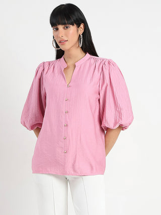 Madame Textured Ruffle Neck Rayon Blend Pink Top