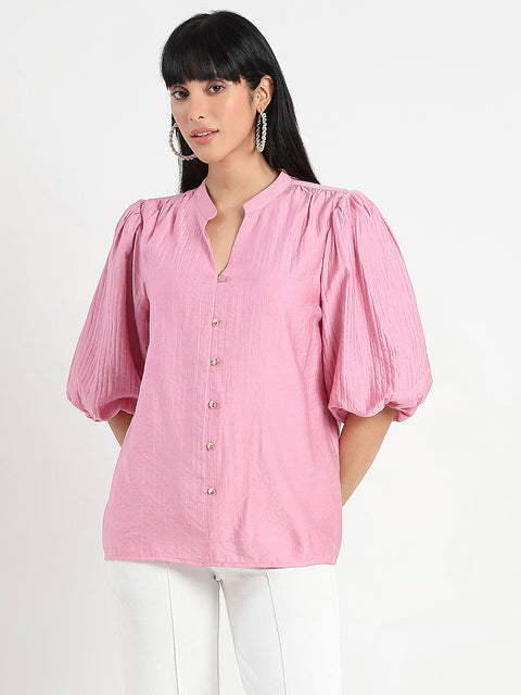 Madame Textured Ruffle Neck Rayon Blend Pink Top