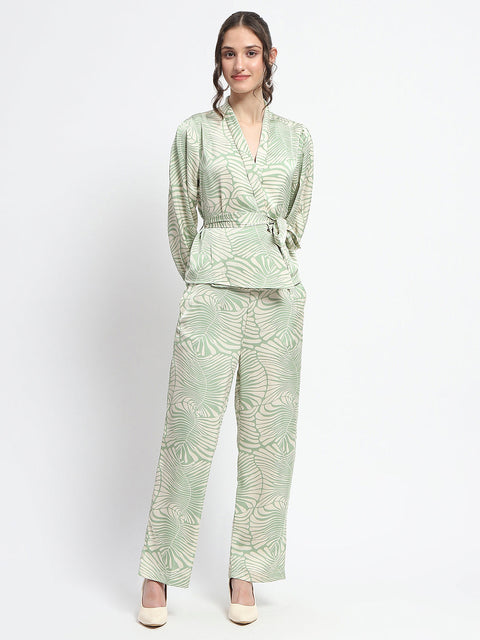 Madame Botanical Print Wrap Top and Bottom Beige Ensemble