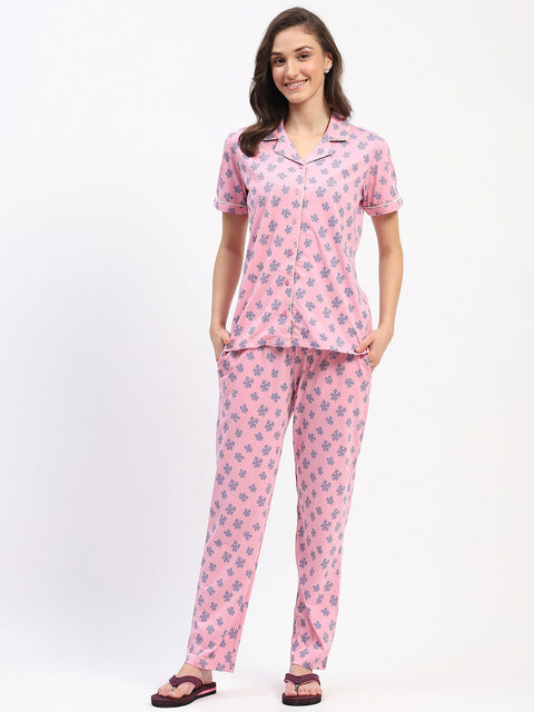 mSECRET Pink Button-Down Night Suit Set with Blue Floral Print