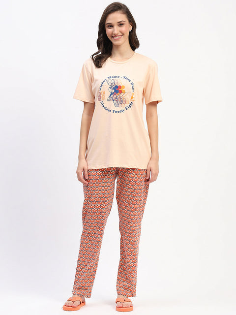 mSECRET Peach Mickey Mouse Graphic Tee and Geometric Print Cotton Nightsuit Set