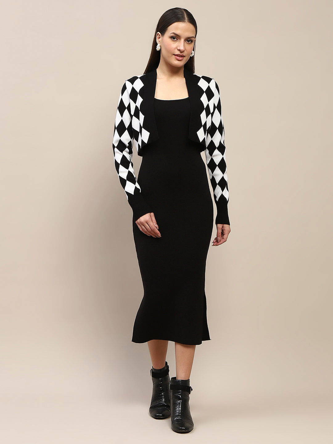 Madame Geometric Print Shrug and Solid Dress Black Ensemble Madame Geometric Print Shrug and Solid Dress Black Ensemble