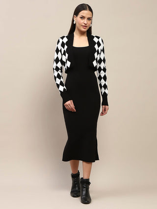 Madame Geometric Print Shrug and Solid Dress Black Ensemble