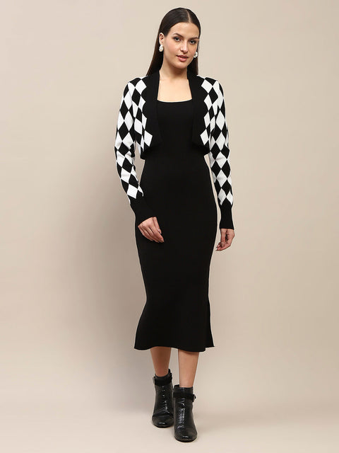 Madame Geometric Print Shrug and Solid Dress Black Ensemble