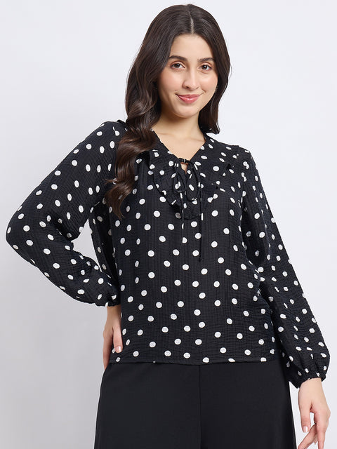 Madame Black Polka Dot Print Ruffle Collar Top