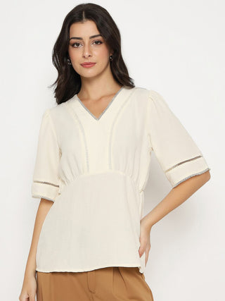 Madame V Neck Off White Peplum Top
