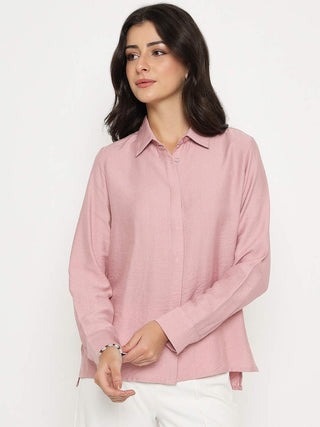 Madame Textured Solid Pink Rayon Blend Shirt