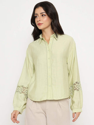 Madame Floral Lace Insertion Green Rayon Blend Shirt