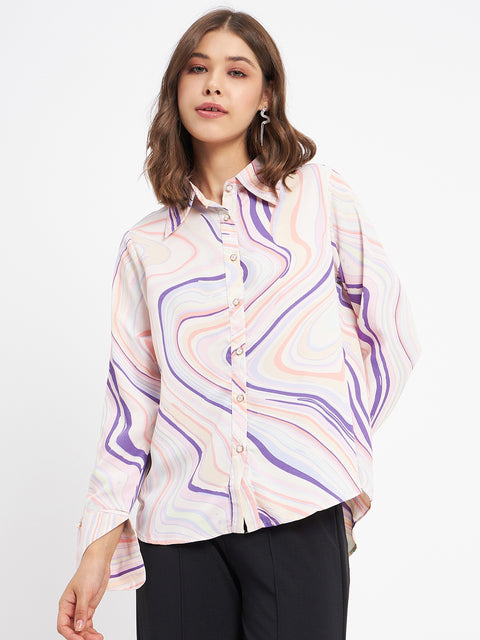 Madame Marble Print Collared Off White Shirt