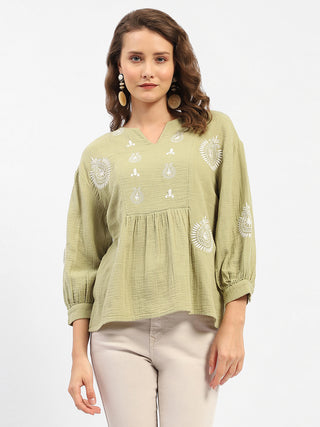 Madame Balloon Sleeve Green Chikankari Work Top