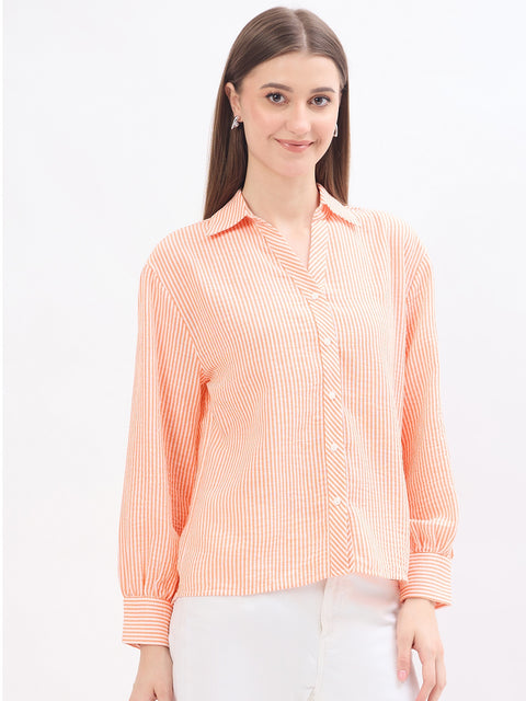 Madame Textured Solid Orange Shirt