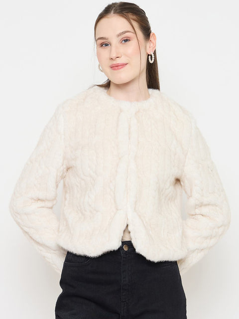 Madame Off White Round Neck Pearl Embellished Blazer