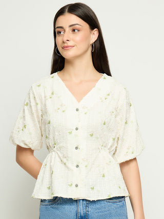 Madame Printed V Neck Green Top