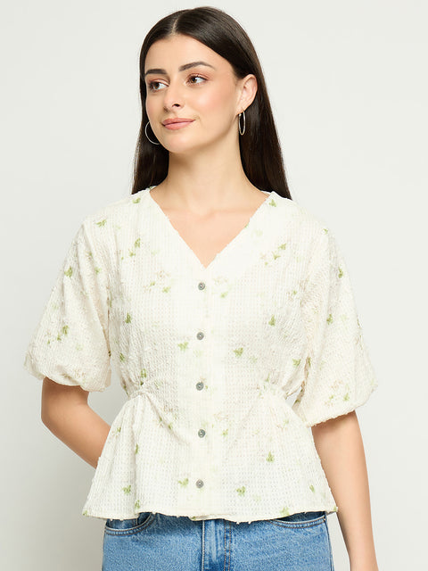 Madame Printed V Neck Green Top