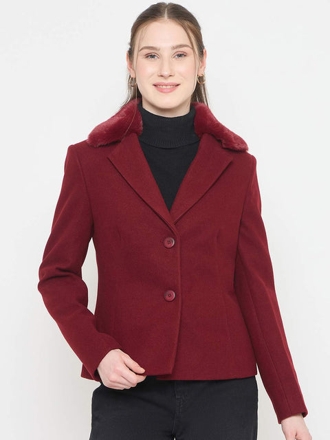 Madame Maroon Short Coat with Faux Fur Notched Lapel Neckline