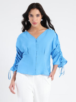 Madame Textured Ruched Sleeve Powder Blue Nylon Blend Top