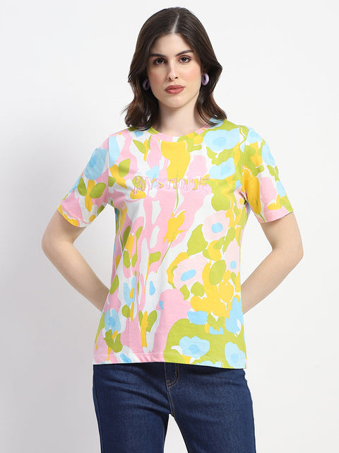 Madame Abstract And Typography Print White Cotton T-Shirt