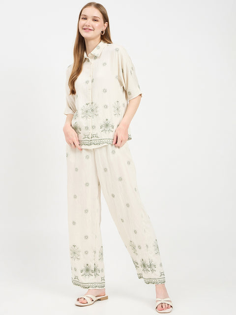 Madame Embroidered Beige Rayon Co-ord Set