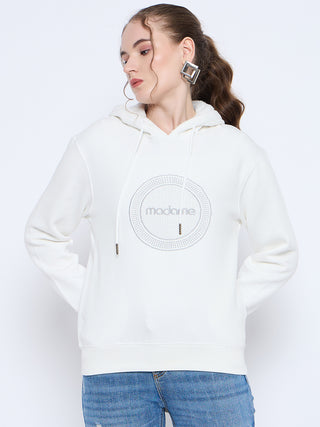 Madame Graphic Print Loose Fit White Hooded Sweatshirt