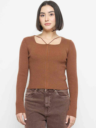 Madame Ribbed Knit Square Neck Coffee Brown Crop Top
