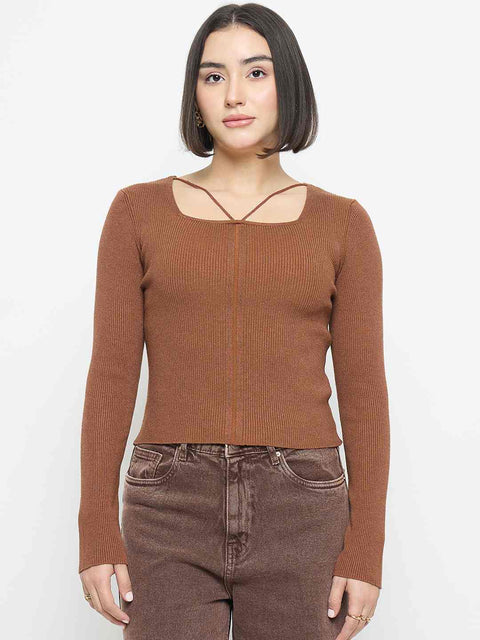Madame Ribbed Knit Square Neck Coffee Brown Crop Top
