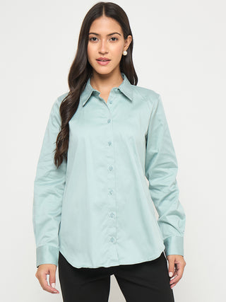 Madame Buttoned Front Solid Cotton Blend Green Shirt