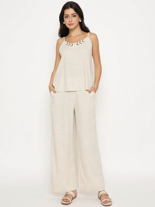 Madame Sleeveless Top and Straight Bottom Beige Co-ord Set