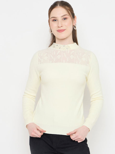 Madame Mock Neck Embellished Off White Sweater
