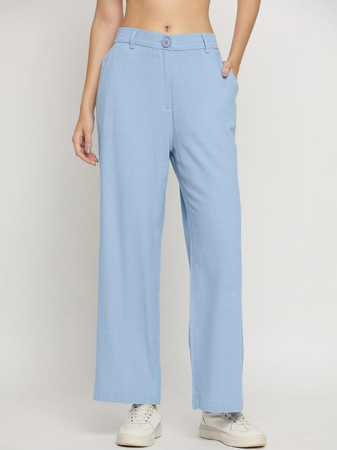 Madame Blue Rayon Linen Straight Fit Ankle Trousers
