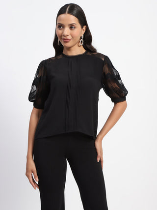 Madame Embroidered Crew Neck Black Mesh Top