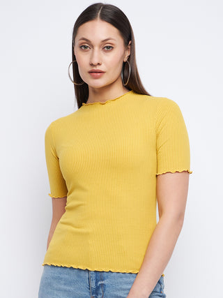 Madame Solid Mustard Yellow Lettuce Hem Top