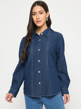 Madame Pintuck Detailed Mid Blue Denim Shirt