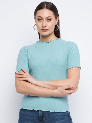 Madame Solid Aqua Blue Lettuce Hem Top